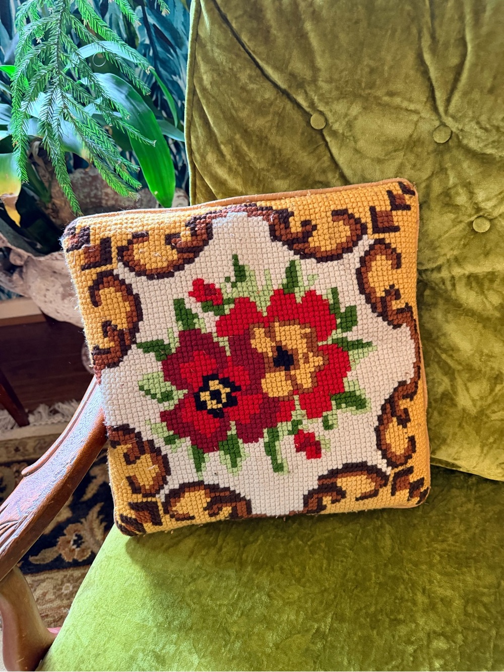 Vintage Needlepoint Floral Pillow
